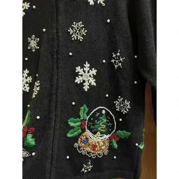 Vintage BP Design Black Beaded Christmas Snow Globe Full Zip Sweater Faux Fur M - Picture 3 of 12